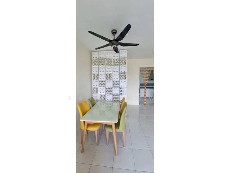Dining features: 4-seater dining table with glass top, yellow upholstered dining chair, green upholstered dining chair, ceiling fan with 5 blades, white walls, decorative accent wall with patterned tiles, ceramic tile flooring, natural light from adjacent room; style: modern.