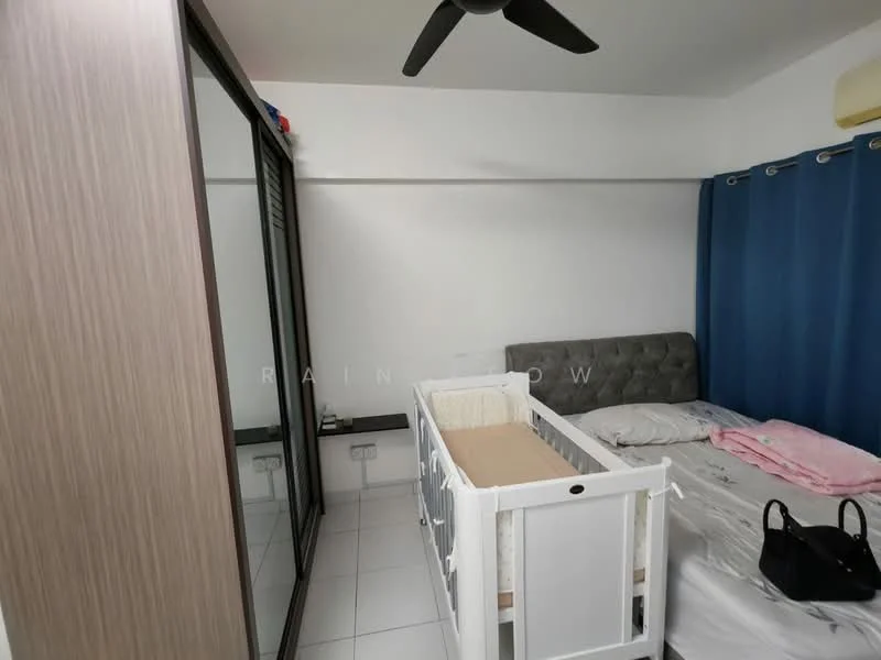 Bedroom features: queen-size bed, upholstered headboard, built-in wardrobe with mirrored doors, white bedding, pink throw blanket, baby crib, ceiling fan, blue curtains, white tiled flooring, air conditioning unit; style: modern.