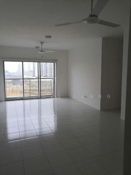 Living features: white painted walls, white tiled flooring, 2 ceiling fans, floor-to-ceiling windows, sliding glass door, city view, natural light, open layout; style: modern; view: city.