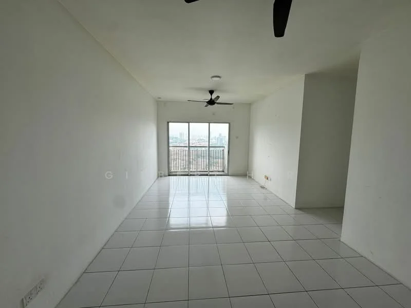Living features: white painted walls, glossy white tile flooring, ceiling fan, floor-to-ceiling windows, sliding glass door, city view, neutral decor, open layout; style: modern; view: city.