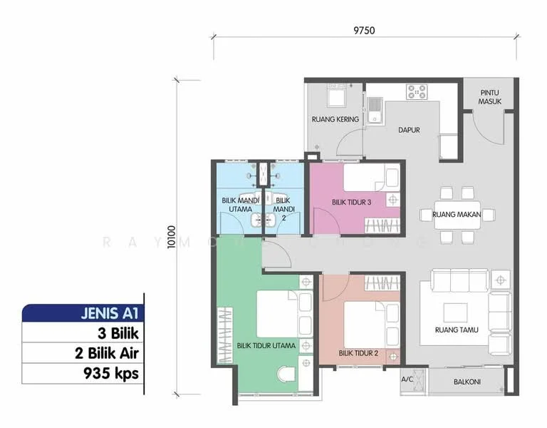 Floor plan: 3-bedroom 2-bathroom unit; features: open-plan kitchen-dining-living, master bedroom with ensuite bathroom, bedroom 2 with shared bathroom, balcony off living room, utility room, central foyer.