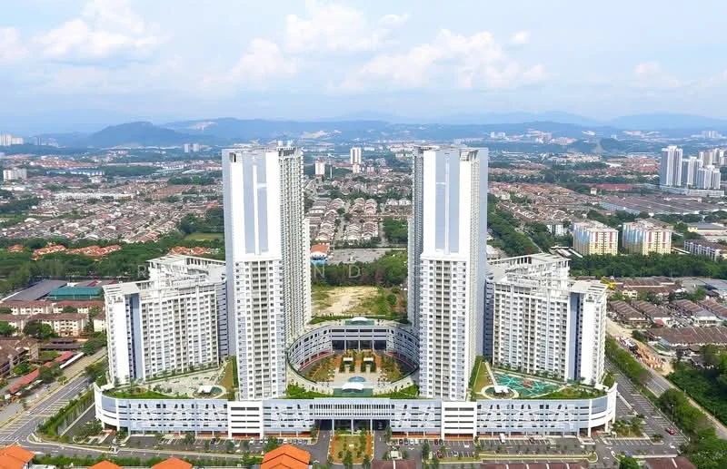 Exterior type: high-rise condominium; features: glass curtain wall, white painted facade, multiple towers, landscaped gardens, swimming pools, outdoor amenities, surrounded by greenery, urban skyline in background; style: modern.