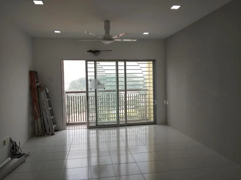 Living features: white painted walls, glossy white tile flooring, 5-blade ceiling fan with light, sliding glass door, floor-to-ceiling windows, balcony view, recessed downlights; style: modern; view: garden.
