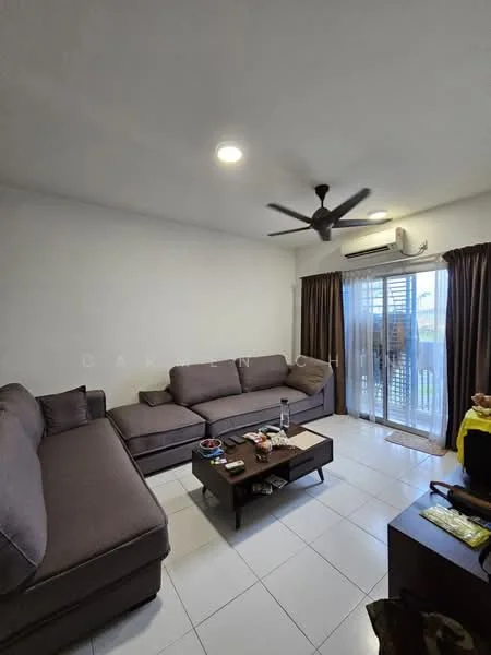 Living features: L-shape sectional sofa in grey, coffee table, wall-mounted air conditioning unit, 5-blade ceiling fan with light, floor-to-ceiling sliding glass door, curtains in brown, white painted walls, tile flooring, decorative items on coffee table; style: modern; view: garden.