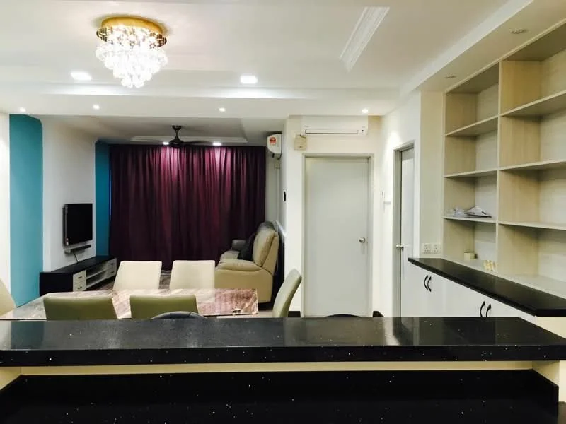 Living features: chandelier, recessed downlights, sofa in beige, coffee table, TV console, wall-mounted TV, curtains in burgundy, open shelving unit, white walls, black countertop, kitchen island, air conditioning unit; style: modern. Room features: white painted walls, door to hallway, open shelving.