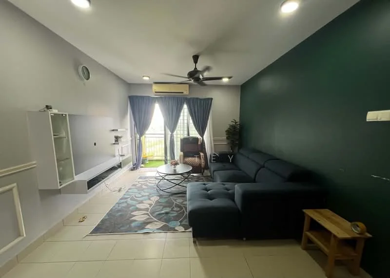 Living features: blue fabric sectional sofa, round coffee table, area rug with floral pattern, wall-mounted TV console, ceiling fan with light, sliding glass door, floor-to-ceiling windows, curtains, decorative plant, cream painted walls, green accent wall, tile flooring; style: modern; view: garden.