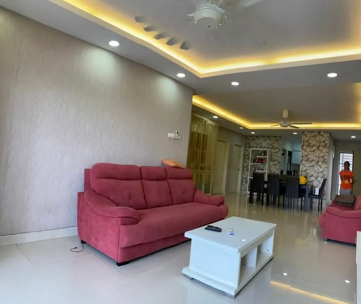 Living features: 3-seater fabric sofa in red, coffee table, white tiled flooring, recessed downlights, ceiling fan, feature wall with textured wallpaper, open layout to dining area, wall-mounted TV, decorative items on sofa; style: modern.