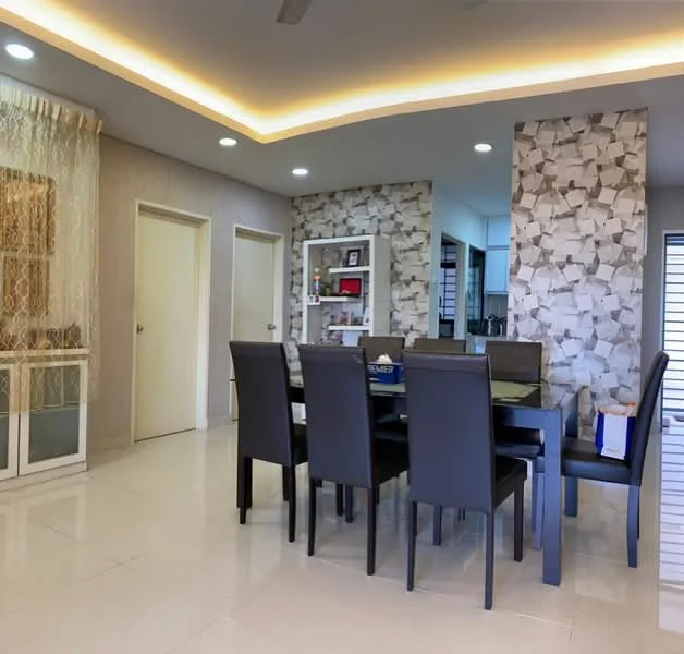 Dining features: 6-seater dining table, black leather dining chairs, white tiled flooring, feature wall with stone cladding, recessed ceiling lights, wall-mounted shelving unit, cream painted walls, doorways leading to other rooms; style: modern.