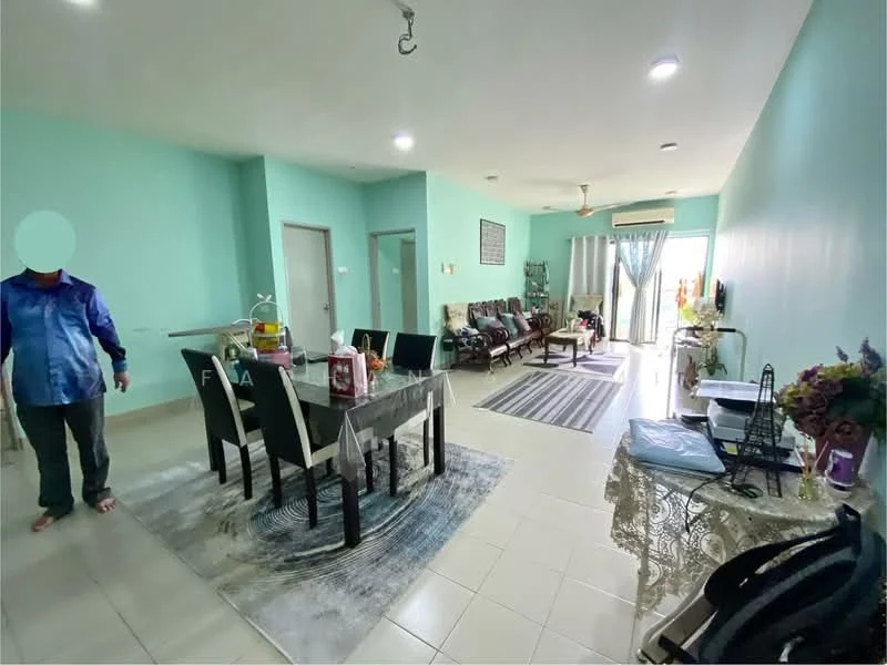 Living features: light blue painted walls, white ceiling, ceramic tile flooring, sofa set with multiple seats, dining table with six chairs, area rug with circular pattern, TV console, wall-mounted TV, sliding glass door leading to outdoor area, decorative table with flowers, curtains on sliding door, recessed downlights; style: modern; view: garden.