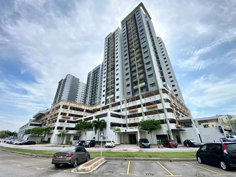Exterior type: high-rise condominium; features: glass curtain wall, balconies on upper floors, multiple storeys, parking deck, landscaped grounds, surrounded by mature greenery; style: modern.