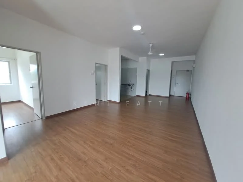 Room features: laminate flooring, white painted walls, recessed downlights, ceiling fan, multiple doorways, large windows, open layout, fire extinguisher, neutral color scheme; style: modern.