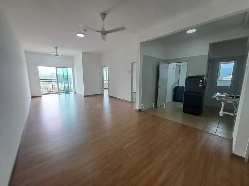 Living features: laminate flooring, white painted walls, 5-blade ceiling fan, floor-to-ceiling windows, sliding glass door, balcony access, natural light, open layout; style: modern; view: city. Kitchen features: tile flooring, white painted walls, kitchen island, built-in cabinets, stainless-steel fridge, freestanding stove, sink, countertop space; style: modern.
