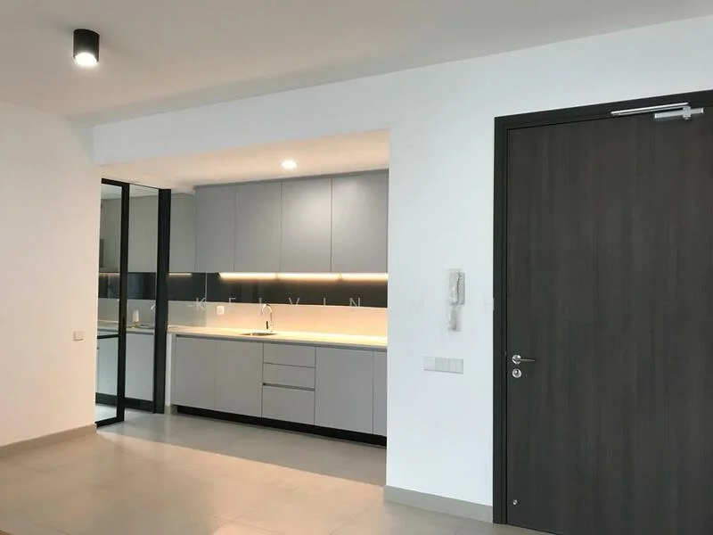 Kitchen features: grey cabinetry, white countertop, single-bowl stainless-steel sink, chrome pull-down faucet, built-in oven, freestanding range oven, recessed LED downlights, tile flooring, wall-mounted intercom, open layout, glass partition, modern design; style: modern. Room features: white painted walls, light grey flooring, door with handle, light fixture.
