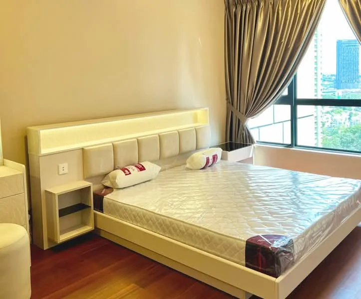 Bedroom features: queen-size bed, upholstered headboard, bedside table, floor-to-ceiling window, curtains, wooden flooring, decorative pillows, wall-mounted light, neutral wall color; style: modern; view: city.