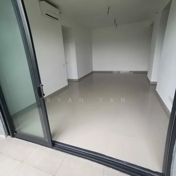 Room features: sliding glass door, floor-to-ceiling windows, white painted walls, polished ceramic tile flooring, 1 wall-mounted split AC, recessed downlights, neutral color scheme, open layout; style: modern.