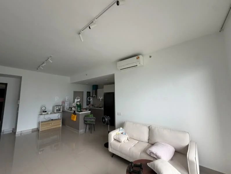 Living features: white painted walls, polished tile flooring, 5-blade ceiling fan, wall-mounted split AC, sofa in light color, coffee table, open layout to kitchen, track lighting; style: modern. Kitchen features: kitchen cabinetry, countertop, kitchen appliances visible; style: modern.