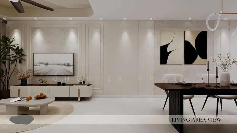 Living features: white painted walls, recessed downlights, wooden flooring, large flat-screen TV, minimalist TV console, round coffee table, area rug, dining table with chairs, decorative wall art, houseplants in ceramic pots, ceiling fan; style: modern.