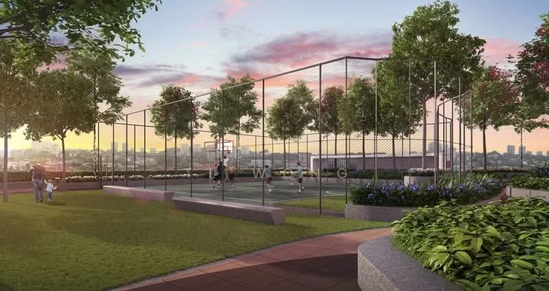 Exterior type: landscape garden; features: basketball court with fencing, manicured lawn, mature trees, flower beds with shrubs, paved walkway, city skyline in background, outdoor seating area; style: modern.