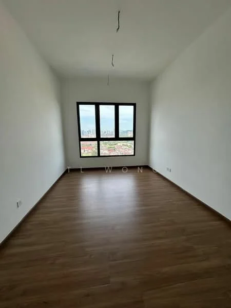 Room features: white painted walls, laminate flooring, large windows, city view, no visible furniture, minimalist design, two electrical outlets, ceiling light fixtures; style: modern; view: city.