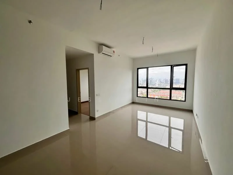 Living features: white painted walls, polished ceramic tile flooring, floor-to-ceiling windows, 1 wall-mounted split AC, recessed downlights, neutral color scheme, city skyline view; style: modern; view: city.