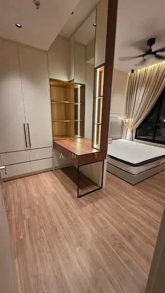 Bedroom features: wooden flooring, built-in wardrobe with sliding doors, dressing table with mirror, bedside table, queen-size bed, floor-to-ceiling windows, curtains, ceiling fan with light, wall-mounted air conditioning unit, neutral wall colour, decorative lighting, plenty of natural light; style: modern; view: city.