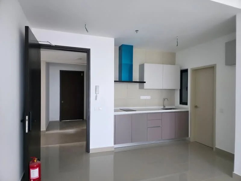 Kitchen features: L-shaped kitchen layout, white upper cabinets, grey lower cabinets, blue accent wall cabinet, single-bowl stainless-steel sink, chrome pull-down faucet, white tiled backsplash, ceramic tile flooring, recessed downlights, open layout, wall-mounted fire extinguisher; style: modern. Room features: doorway leading to hallway, plain white walls, grey flooring.