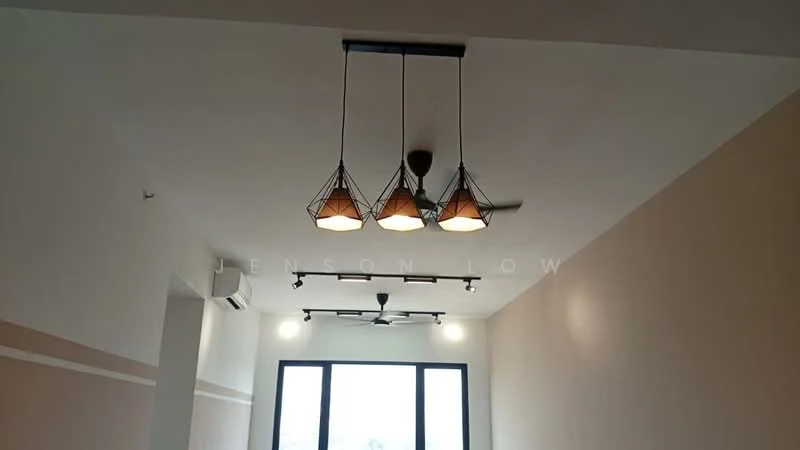Room features: 3-blade ceiling fan, 3 pendant lights with geometric shades, recessed LED downlights, white painted walls, floor-to-ceiling windows; style: modern.