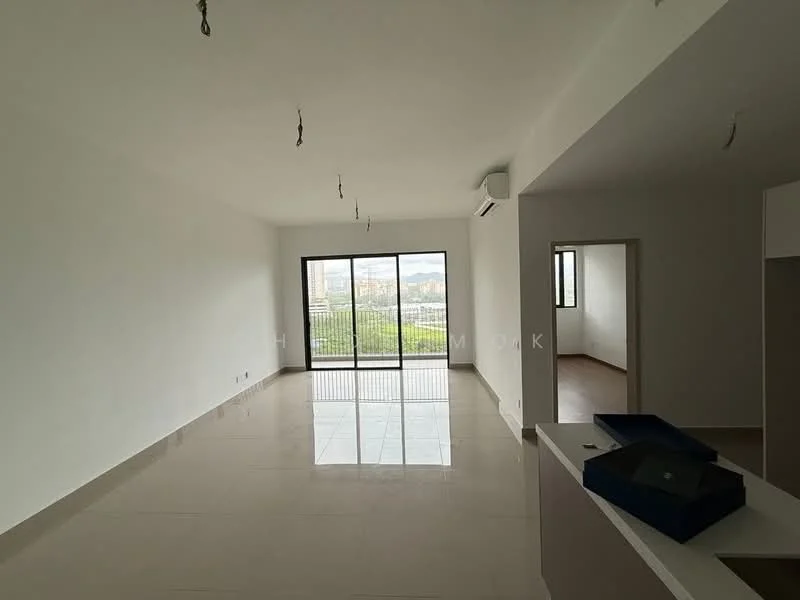 Living features: white painted walls, glossy tile flooring, floor-to-ceiling windows, sliding glass door, recessed downlights, 1 wall-mounted split AC, open layout, balcony view, neutral color scheme; style: modern; view: city.