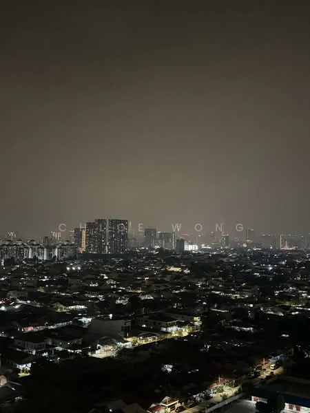 Exterior type: high-rise condominium; features: city skyline view, nighttime lighting, urban landscape, high-rise buildings, suburban houses, street lights, visible rooftops, distant city lights; style: modern.
