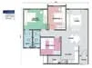 Floor plan: 3-bedroom 2-bathroom unit; features: open-plan kitchen-dining-living, master bedroom with ensuite bathroom, bedroom 2 with shared bathroom, utility room, balcony off living room, central foyer, 2 car porch.
