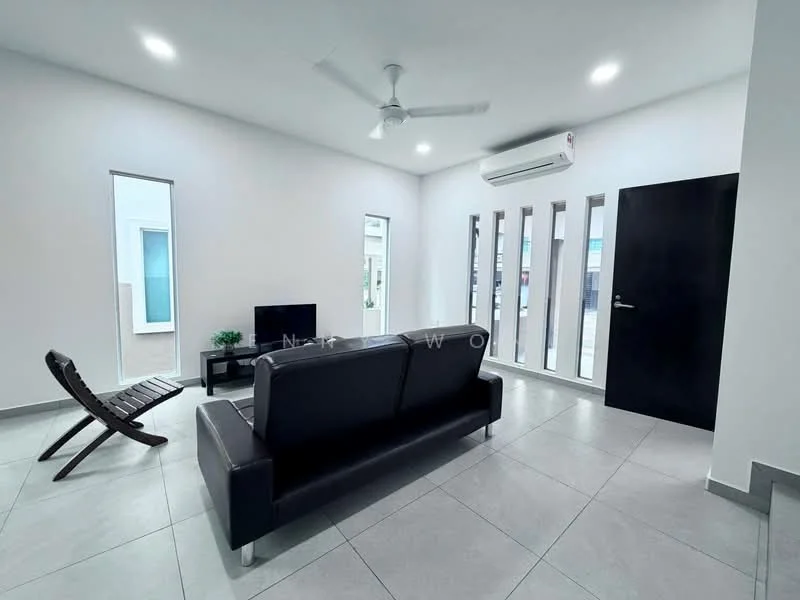 Living features: black leather sofa, flat-screen TV on stand, 2 large vertical windows, 1 sliding glass door, 1 wall-mounted split AC, light grey tiled flooring, white painted walls, ceiling fan with light, dark wooden door; style: modern.