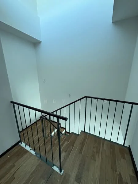Room features: wood flooring, metal railing, white walls, high ceiling, natural light from skylight; style: modern.