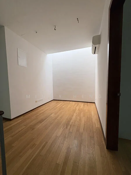 Room features: white painted walls, wooden flooring, 1 wall-mounted split AC, recessed downlights, sliding door, angled ceiling; style: modern.