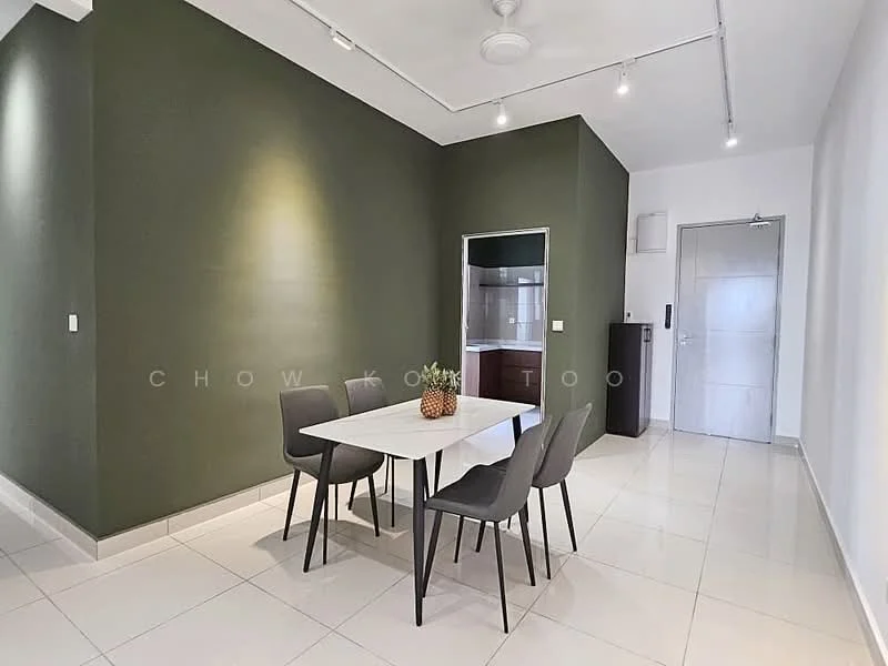 Dining features: white dining table, 4 grey upholstered dining chairs, green accent wall, white walls, tile flooring, ceiling fan, doorway to kitchen, doorway to hallway; style: modern.