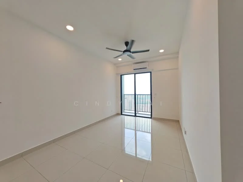 Room features: white painted walls, glossy ceramic tile flooring, 5-blade ceiling fan with light, sliding glass door, floor-to-ceiling windows, air conditioning unit, balcony view; style: modern; view: city.