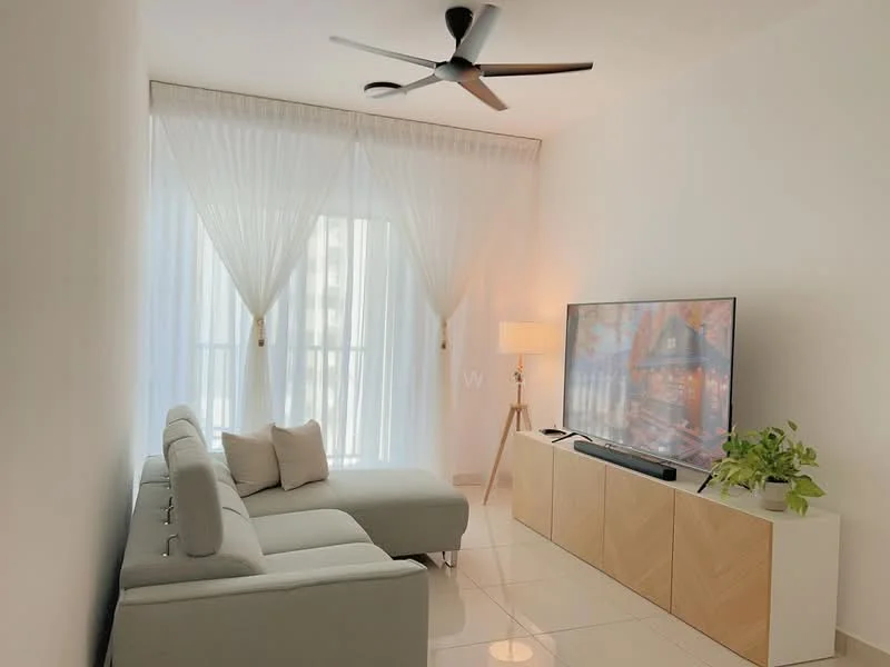 Living features: L-shape sectional sofa in light grey, floor-to-ceiling windows with sheer curtains, wall-mounted TV, TV console with wooden cabinetry, ceiling fan with light, decorative floor lamp, indoor plant in ceramic pot, glossy tile flooring, neutral painted walls; style: modern.