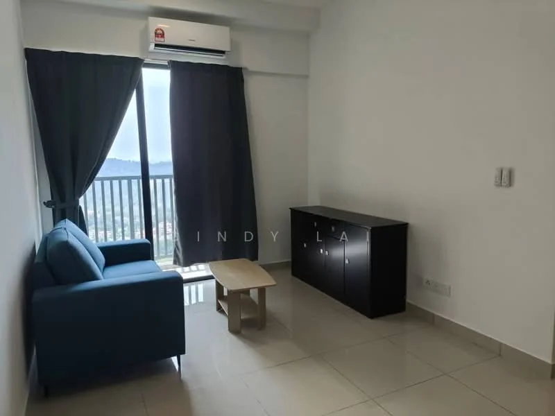 Living features: blue fabric sofa, wood coffee table, black TV console, floor-to-ceiling windows, curtains in dark grey, wall-mounted split AC, cream painted walls, tile flooring; style: modern; view: city.