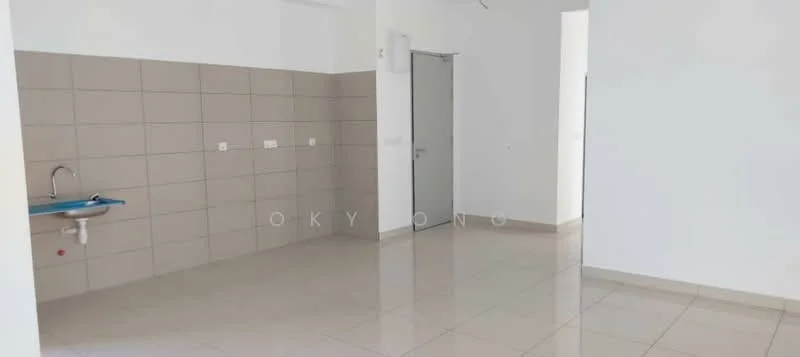 Room features: white painted walls, light grey tiled flooring, single-bowl stainless-steel sink, blue countertop, plain ceiling, door to adjacent room, two electrical outlets, two wall-mounted light switches; style: minimalist.