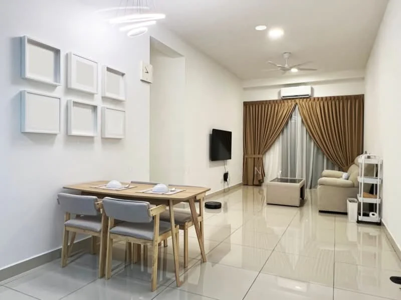 Living features: white painted walls, glossy tile flooring, 5-blade ceiling fan with light, sofa in beige, coffee table, wall-mounted TV, curtains in beige, decorative wall frames, open shelving unit; style: modern. Dining features: wooden dining table, 4 dining chairs in light grey, table setting with plates, minimalist decor; style: modern.