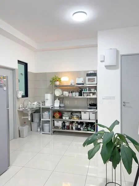 Kitchen features: white painted walls, glossy tile flooring, open shelving unit, microwave, built-in oven, fridge, sink, countertop, kitchen utensils, storage containers, plant in ceramic pot, wall-mounted air conditioning unit, light fixture; style: modern.