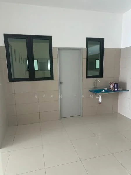 Laundry features: white painted walls, cream tiled walls, glossy floor tiles, single-bowl stainless-steel sink, chrome faucet, blue countertop, two black-framed windows, grey door, built-in cabinetry, light fixtures; style: modern.