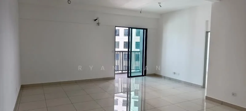 Living features: white painted walls, glossy ceramic tile flooring, sliding glass door, floor-to-ceiling windows, recessed downlights, balcony access, open layout, neutral color scheme; style: modern; view: city.