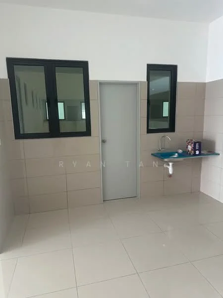 Laundry features: white painted walls, cream tiled walls, glossy floor tiles, single-bowl stainless-steel sink, chrome faucet, blue countertop, two black-framed windows, door to another room.