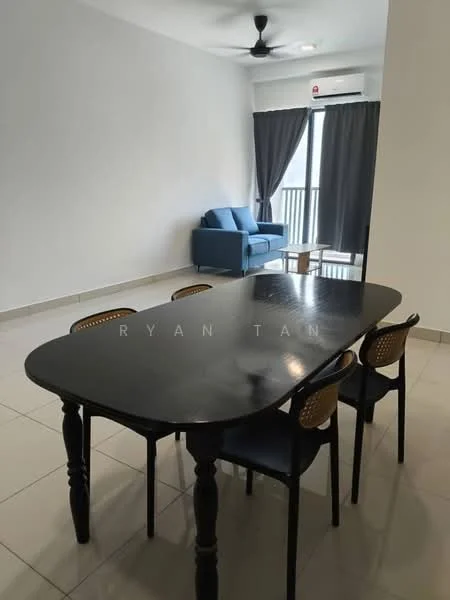 Dining features: black dining table, 4 dining chairs with cane backs, white walls, tile flooring, ceiling fan, sofa in blue fabric, curtains in dark grey, balcony door, natural light from balcony; style: modern.