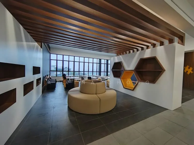 Room features: wooden ceiling with beams, white painted walls, grey tile flooring, hexagonal wall shelves, round upholstered seating, large windows with city view, decorative wall with honeycomb design, seating area with multiple chairs; style: modern; view: city.