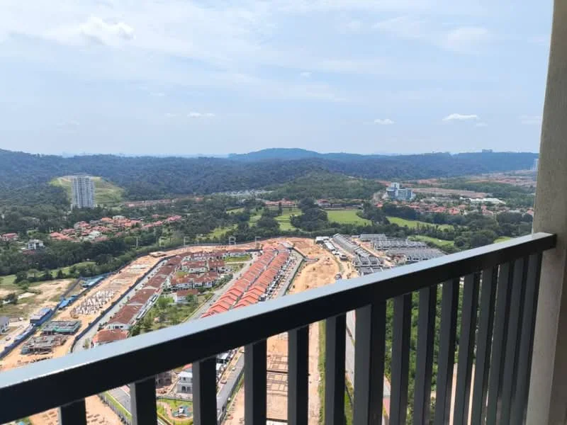 Exterior type: high-rise condominium; features: balcony with railing, view of surrounding hills, view of residential area, landscaped grounds below, construction site visible, urban development in distance; style: modern.