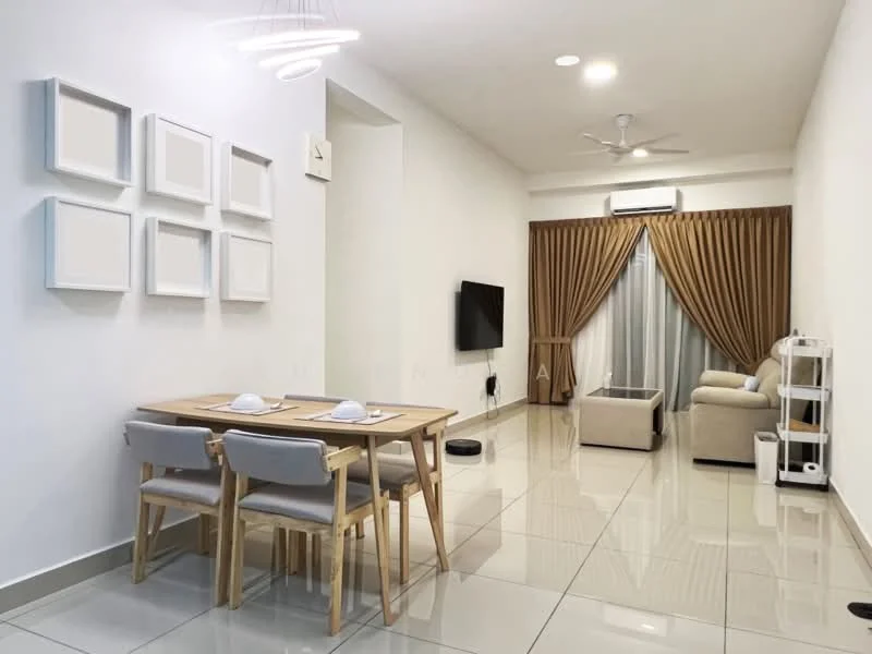 Living features: white painted walls, glossy tile flooring, 5-blade ceiling fan with light, recessed downlights, sofa in beige, coffee table, wall-mounted TV, curtains in brown, decorative wall frames, open shelving unit, dining table with 4 chairs; style: modern.