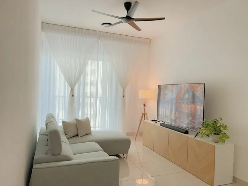 Living features: L-shape sectional sofa in light grey, floor-to-ceiling windows with sheer curtains, wall-mounted TV, TV console with wooden cabinetry, decorative houseplant, lamp with warm light, ceiling fan with 3 blades, glossy tile flooring, neutral white painted walls; style: modern.