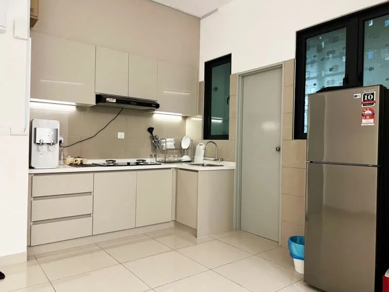 Kitchen features: light grey cabinetry, white countertop, built-in gas hob, stainless-steel range hood, stainless-steel fridge, single-bowl stainless-steel sink, chrome pull-down faucet, tile backsplash, white tiled flooring, two windows, wall-mounted kitchen storage, water dispenser; style: modern.