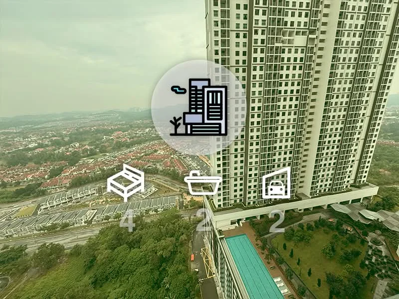 Exterior type: high-rise condominium; features: glass curtain wall, recessed balconies, approximately 30-storey high-rise, surrounded by mature greenery, view of city skyline, landscape garden at base, swimming pool deck, parking deck; style: modern.
